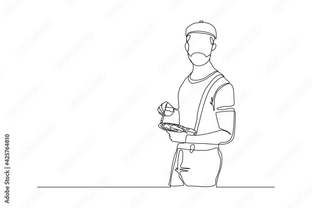 Continuous line drawing of young male painter artist. Single one line professional painter man minimalist concept. Vector illustration