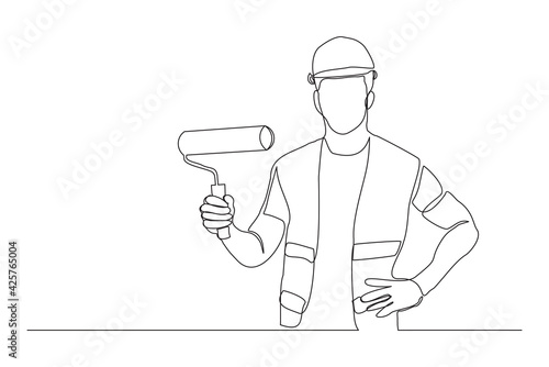 Continuous line drawing of young handyman wearing building construction uniform while holding paint roller. One single line painter wall renovation service concept. vector design illustration