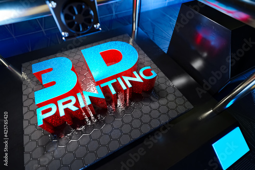 3d rendering of automatic three-dimension 3d printer printing and typography object 3D Printing word from hot molten plastics.