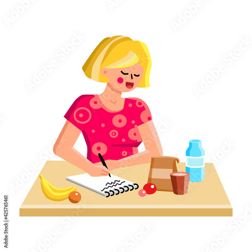 Shopping List Writing Girl On Kitchen Table Vector. Young Woman Making Shopping List For Buying Products In Grocery Shop, Ingredients For Cooking. Character Flat Cartoon Illustration