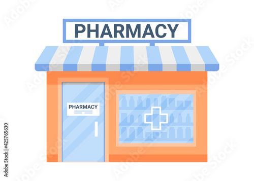 Offline pharmacy shop building exterior, payment vaccine and drug in store for health. Pharmatectual help. Small pharmacy shop in house. Vector flat illustration