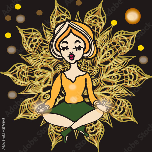 Yoga girl with indigo aura and mandala. She is in deep meditation.