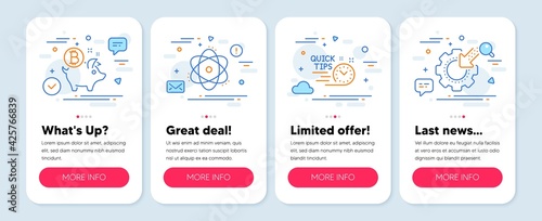 Set of Technology icons, such as Atom, Bitcoin coin, Quick tips symbols. Mobile screen mockup banners. Seo gear line icons. Electron, Piggy bank, Helpful tricks. Cogwheel. Atom icons. Vector