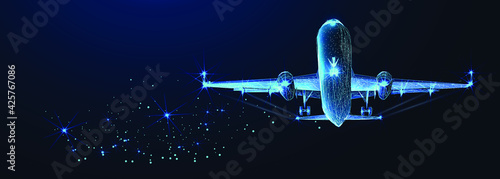 Digital 3d airplane. Abstract vector wireframe of airliner in the blue background. Travel, tourism, business, transportation concept. Low poly dark blue mesh with dots, lines and glowing stars