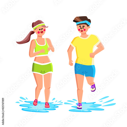 Water Shoes Wear Sportspeople For Running Vector. Young Man And Woman Wearing Waterproof Shoes And Run Together On Puddles With Splash. Characters Sport Active Time Flat Cartoon Illustration