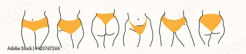 Beautiful plus size female silhouette. Fat models in various positions in panties. Beautiful bodies showing body positive. Outline vector illustration EPS 10.
