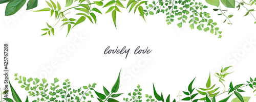 Tropical forest greenery leaves, branches, jasmine vine, forest fern, herbs natural border, frame, banner. Vector, editable, watercolor art illustration. Poster, wedding invite, greeting card template