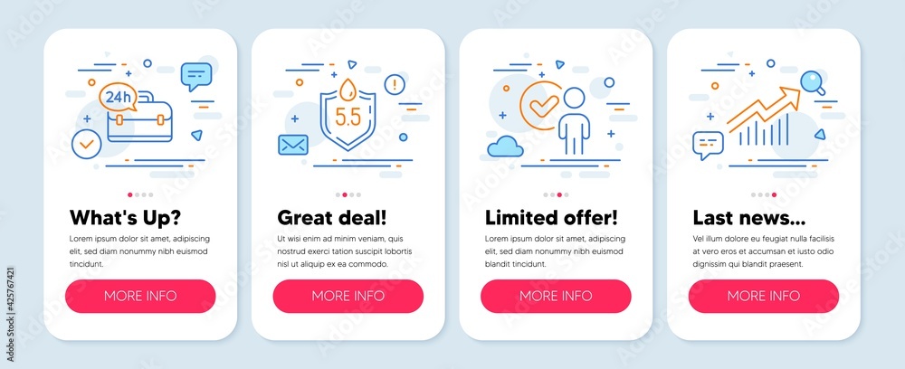 Set of Business icons, such as Ph neutral, Verification person, 24h service symbols. Mobile app mockup banners. Demand curve line icons. Water, Approved client, Support. Statistical report. Vector