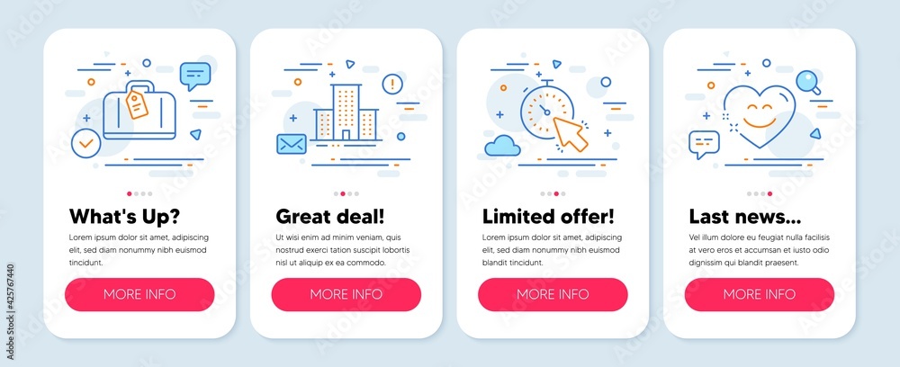 Set of Business icons, such as University campus, Hand baggage, Timer symbols. Mobile app mockup banners. Smile chat line icons. Town building, Airport bag, Time management. Heart face. Vector Set of Business icons, such as University campus, Hand baggage, Timer symbols. Mobile app mockup banners. Smile chat line icons. Town building, Airport bag, Time management. Heart face. Vector