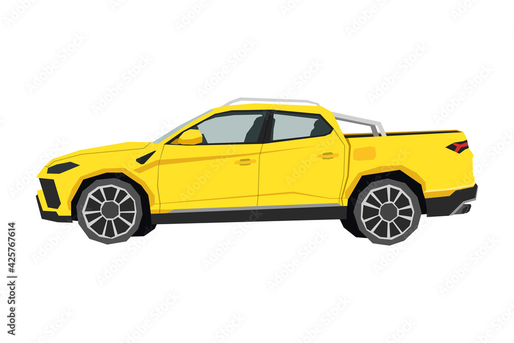 Pickup drawing. Off-road car in cartoon style. Isolated vehicle art for kids bedroom decor. Side view of yellow SUV. Truck for nursery decor