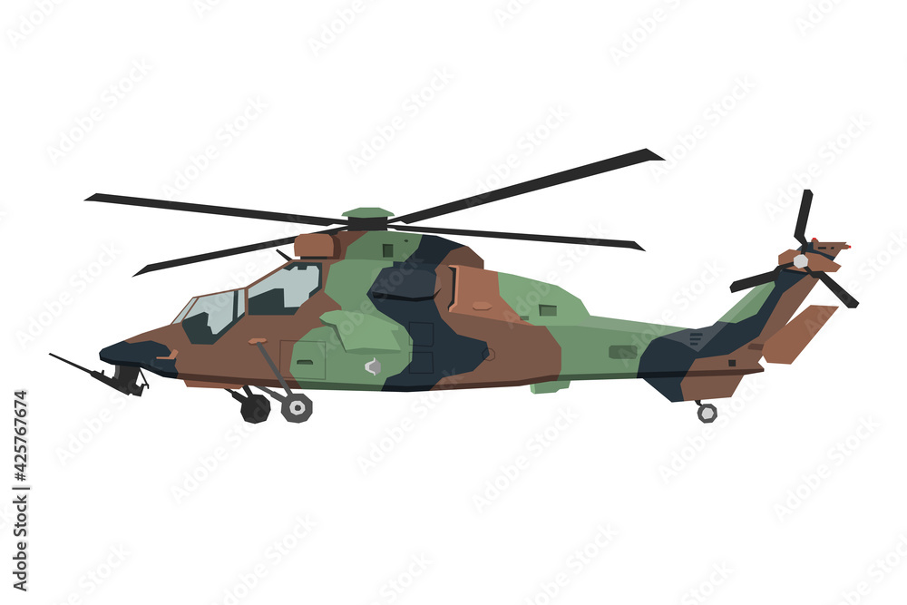 Fototapeta premium Nursery military helicopter drawing. Army vehicle in cartoon style. Isolated camouflage machine art for bedroom decor. Side view. Print for toddler wall art
