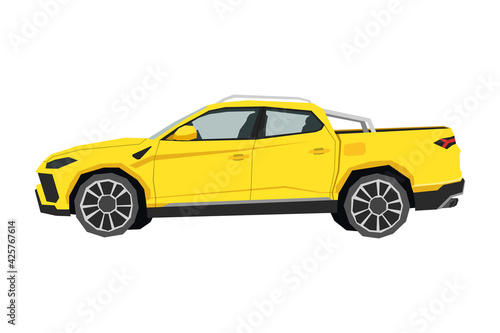 Pickup drawing. Off-road car in cartoon style. Isolated vehicle art for kids bedroom decor. Side view of yellow SUV. Truck for nursery decor