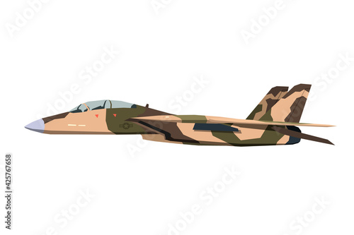Nursery military airplane drawing. Army plane in cartoon style. Isolated camouflage warplane art for bedroom decor. Side view. Print for toddler wall art