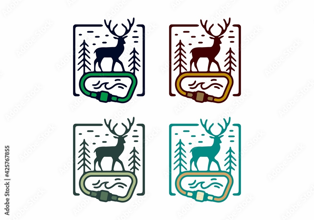 Colorful vintage line art of deer and carabiner