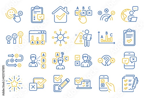 Survey, Report review line icons. Opinion, Customer satisfaction feedback and Test icons. Checklist review, Quiz and Business report symbols. Evaluation quiz, Feedback chart, Management. Vector