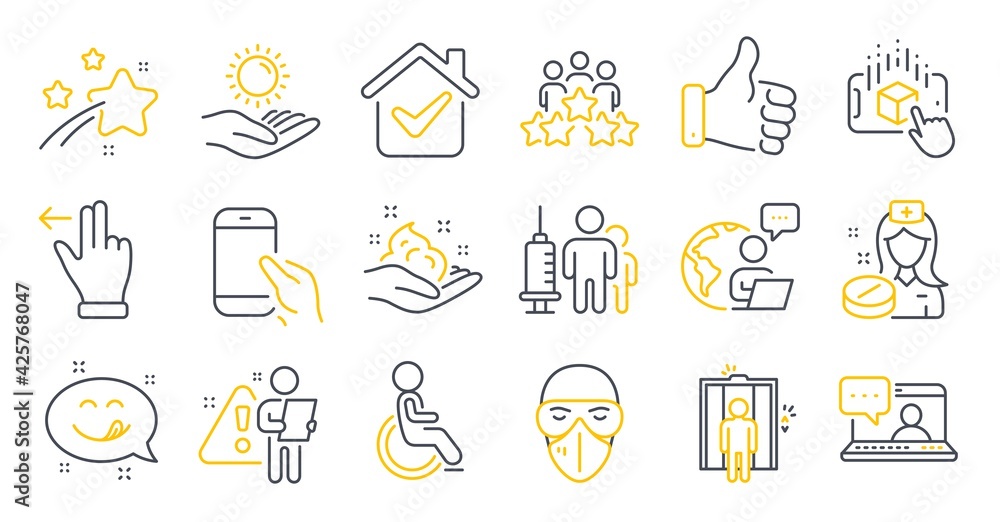 Set of People icons, such as Augmented reality, Yummy smile, Sun protection symbols. Disabled, Friends chat, Business meeting signs. Touchscreen gesture, Elevator, Hold smartphone. Nurse. Vector Set of People icons, such as Augmented reality, Yummy smile, Sun protection symbols. Disabled, Friends chat, Business meeting signs. Touchscreen gesture, Elevator, Hold smartphone. Nurse. Vector