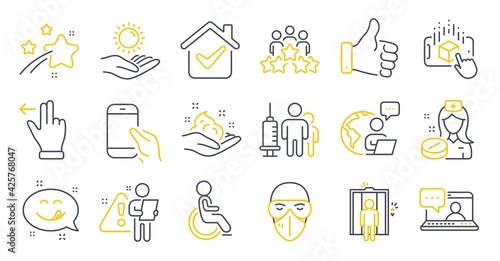 Set of People icons, such as Augmented reality, Yummy smile, Sun protection symbols. Disabled, Friends chat, Business meeting signs. Touchscreen gesture, Elevator, Hold smartphone. Nurse. Vector