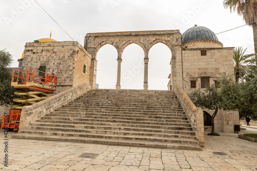 Canyors - stone arches on the stairs leading to the Dome of the Rock mosque on the Temple Mount in the Old Town of Jerusalem in Israel © svarshik