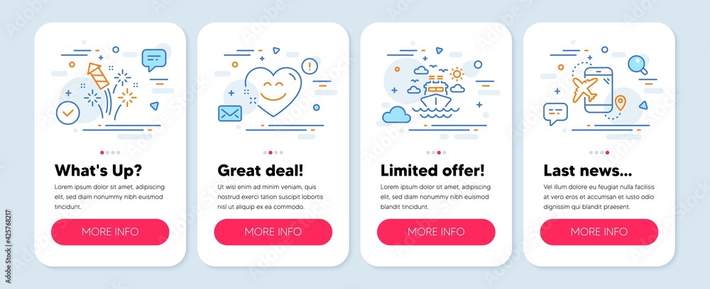 Set of Holidays icons, such as Fireworks rocket, Ship travel, Smile chat symbols. Mobile screen mockup banners. Flight destination line icons. Pyrotechnic salute, Cruise transport, Heart face. Vector Set of Holidays icons, such as Fireworks rocket, Ship travel, Smile chat symbols. Mobile screen mockup banners. Flight destination line icons. Pyrotechnic salute, Cruise transport, Heart face. Vector