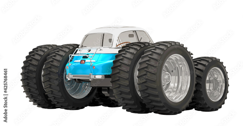 Extreme tuning, vintage car with giant wheels, concept, off road, 3d illustration, 3d rendering