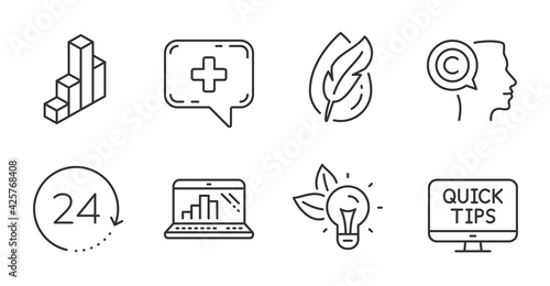 Graph laptop, Web tutorials and Eco energy line icons set. Hypoallergenic tested, 3d chart and Medical chat signs. 24 hours, Writer symbols. Mobile report, Quick tips, Lightbulb. Science set. Vector