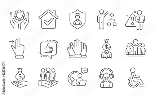 Vote, Touchscreen gesture and Like line icons set. Security agency, Algorithm and Disability signs. Employee hand, Best buyers and Winner symbols. Support, Income money and Manager. Vector