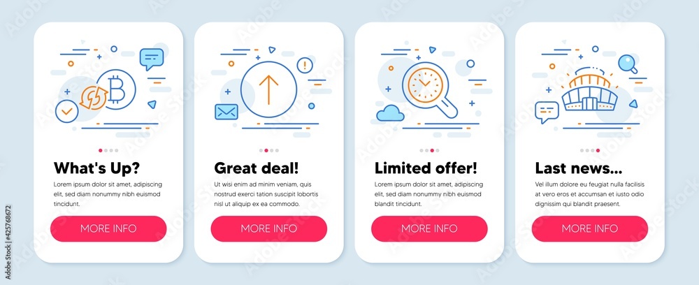 Set of Business icons, such as Time management, Refresh bitcoin, Swipe up symbols. Mobile screen banners. Arena stadium line icons. Time analysis, Update cryptocurrency, Scroll screen. Vector Set of Business icons, such as Time management, Refresh bitcoin, Swipe up symbols. Mobile screen banners. Arena stadium line icons. Time analysis, Update cryptocurrency, Scroll screen. Vector