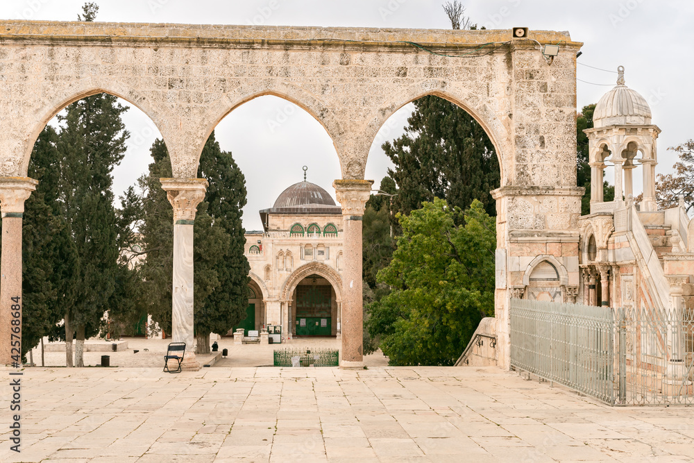 The Canyors,  the Al Aqsa Mosque and Ayubid Minbar on the Temple Mount in the Old Town of Jerusalem in Israel