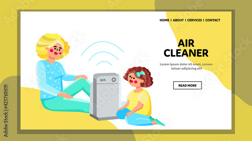 Air Cleaner Device Consider Woman And Girl Vector. Mother And Small Daughter Kid Sitting On Floor Near Electronic Gadget Air Cleaner. Characters And Cleaning Equipment Web Flat Cartoon Illustration
