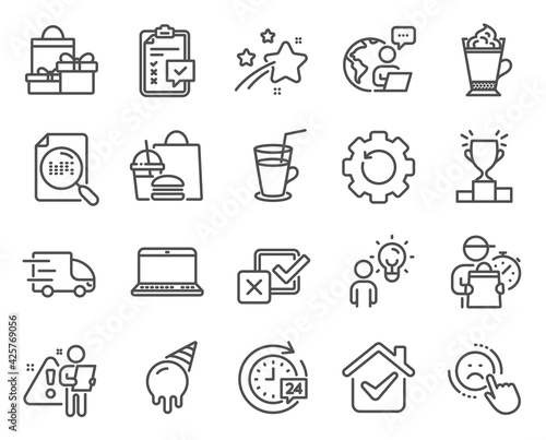 Business icons set. Included icon as Group people, Search file, Shopping signs. Checklist, Checkbox, Latte coffee symbols. Winner podium, Cocktail, Recovery gear. Truck delivery, Ice cream. Vector