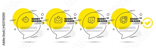 Timer, Smile chat and Incoming mail line icons set. Timeline infograph speech bubbles. Cogwheel sign. Deadline management, Happy face, Download message. Engineering tool. Technology set. Vector