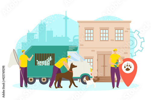 Agency for stray animal control, vector illustration. Professional worker man character rescue dogs from city street, transportation by truck.