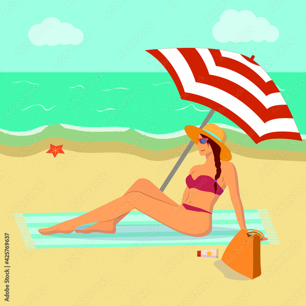 A woman in a swimsuit sits under an umbrella on the beach. Woman sunbathes on the beach. Woman in swimsuit vector.Beach background