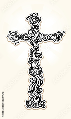 Beautiful Christian cross with a curly ornament on a light background with rays. Decorative vector illustration, religious sign, sacred spiritual symbol, talisman, icon, logo, graphic print, tattoo