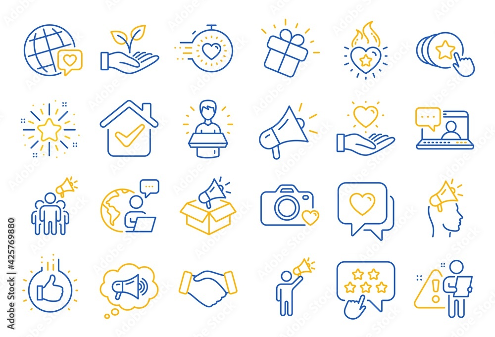 Fototapeta premium Brand ambassador line icons. Influence people, Megaphone and Representative. Handshake, influencer marketing person, social media like icons. Ambassador person. Brand pr. Line icon set. Vector
