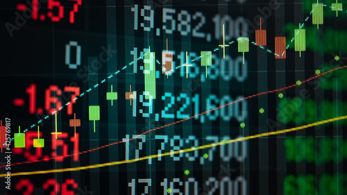 Financial data in term of a digital prices on LED display. A number of daily market price and quotation of prices chart to represent candle stick tracking in Forex trading.	