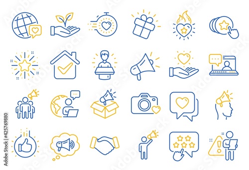 Brand ambassador line icons. Influence people, Megaphone and Representative. Handshake, influencer marketing person, social media like icons. Ambassador person. Brand pr. Line icon set. Vector