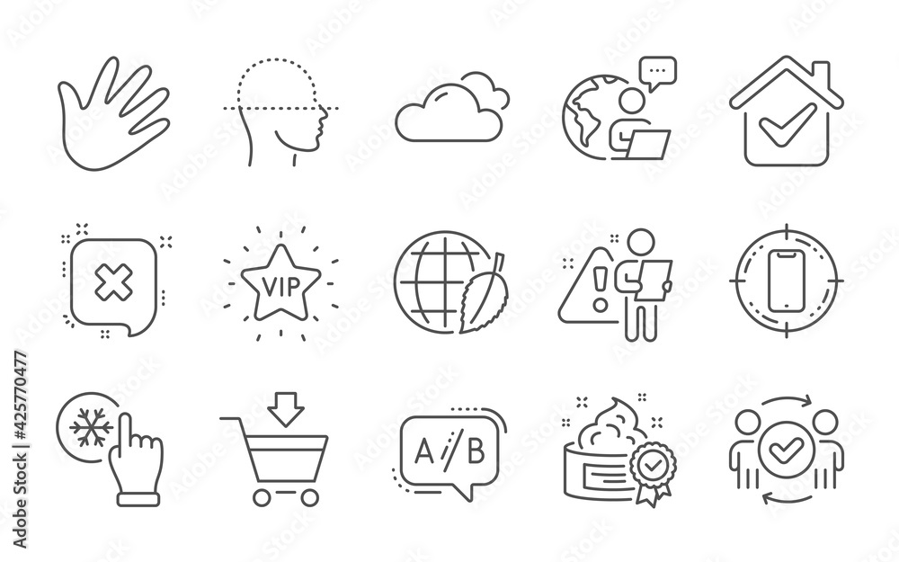 Environment day, Hand and Ab testing line icons set. Online market, Cream and Freezing click signs. Approved teamwork, Cloudy weather and Vip star symbols. Line icons set. Vector Environment day, Hand and Ab testing line icons set. Online market, Cream and Freezing click signs. Approved teamwork, Cloudy weather and Vip star symbols. Line icons set. Vector