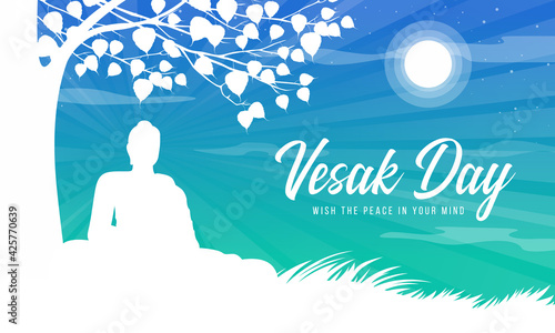 Vesak day with white Silhouette The Lord Buddha meditated and enlightened under the Bodhi tree on the night of the full moon vector design