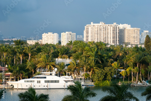 Miami Residential Palm Island Yacht And Miami Beach Skyline