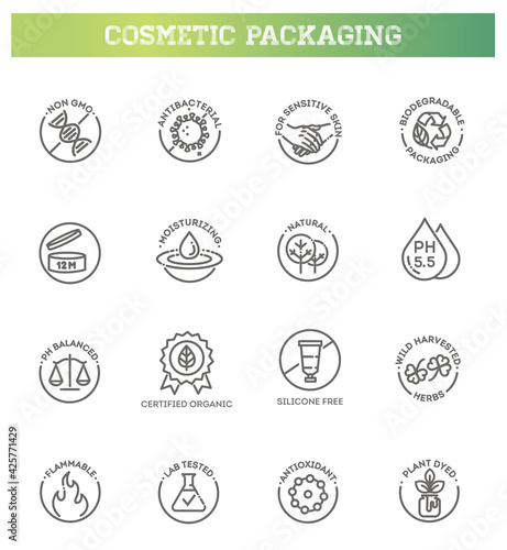 Natural organic cosmetics, vegan food symbols. Thin signs for packaging