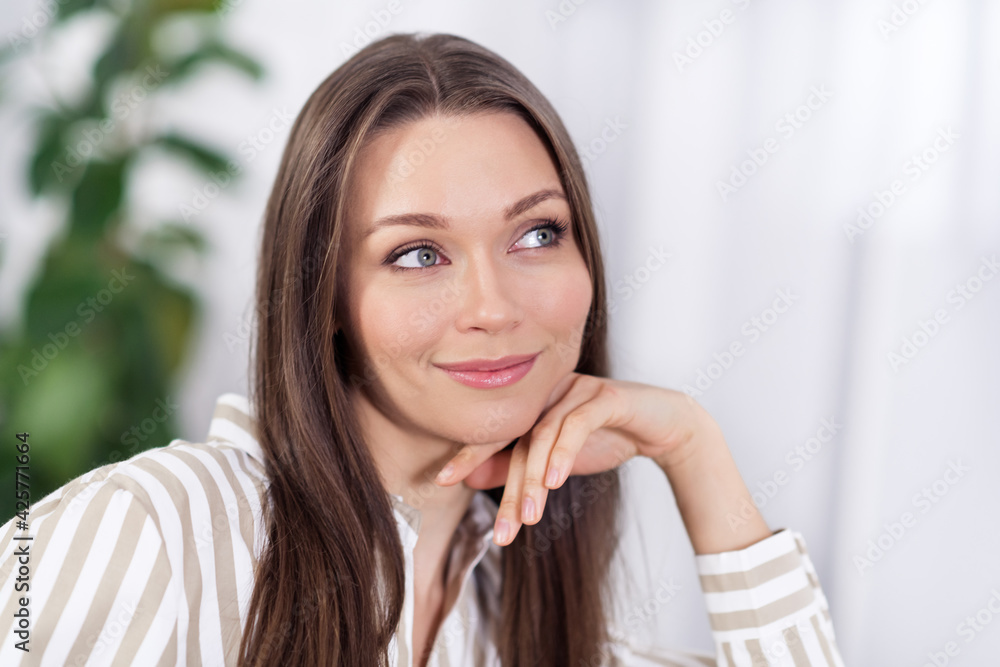 Photo portrait of dreamy cute young girl got idea looking blank space in casual outfit Photo portrait of dreamy cute young girl got idea looking blank space in casual outfit