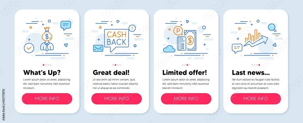 Set of Finance icons, such as Money transfer, Manager, Parking payment symbols. Mobile screen app banners. Growth chart line icons. Cashback message, Work profit, Paid garage. Sale diagram. Vector