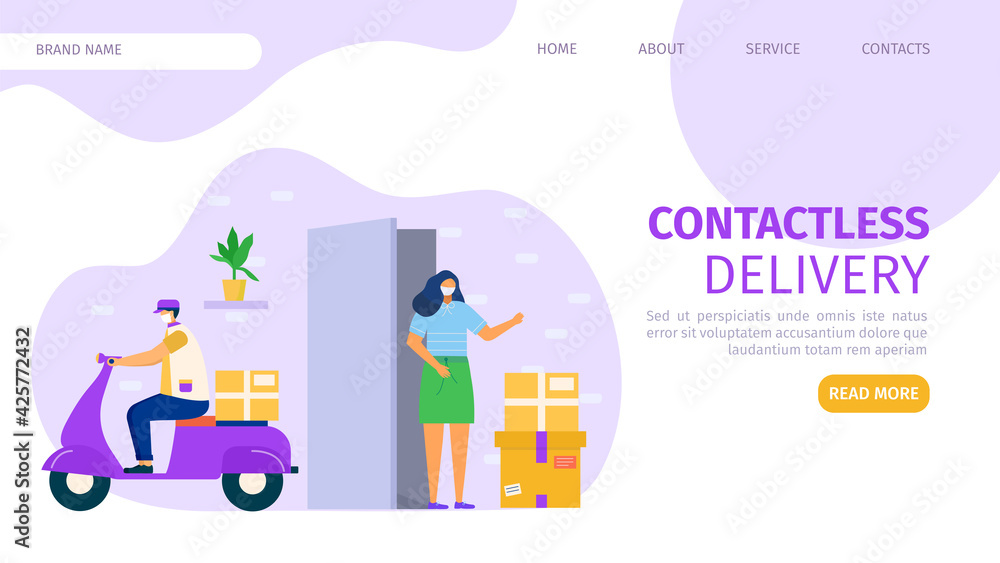 Contactless delivery at quarantine concept, web page, vector illustration. Man courier character bring box, online order for cartoon woman. Contactless delivery at quarantine concept, web page, vector illustration. Man courier character bring box, online order for cartoon woman.