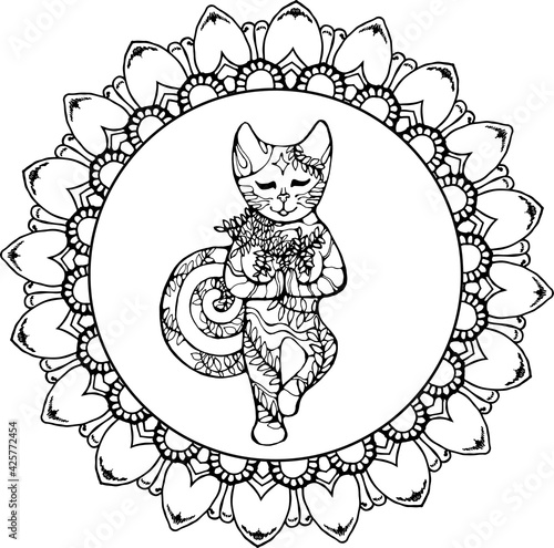 The cat stands on one leg in a plant ornament. Meditative consciousness.