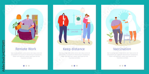 Coronavirus banner set, vector illustration. Flat pandemic virus prevention design, people character at remote work, keep distance