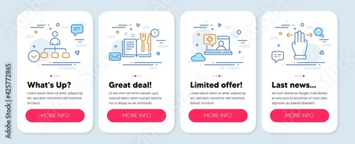Set of line icons, such as Medical help, Recipe book, Management symbols. Mobile screen mockup banners. Multitasking gesture line icons. Medicine laptop, Food, Agent. Swipe. Medical help icons. Vector