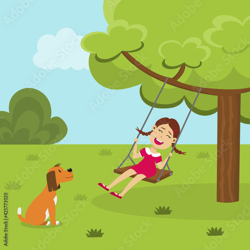Cute smiling girl on a tree swing in the park and a dog looking at her. Happy swinging kid playing on backyard and a pet. Child enjoying swinging. Happy childhood concept. Flat vector illustration.
