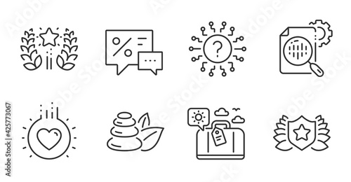 Love, Spa stones and Seo stats line icons set. Laureate, Ranking and Discounts signs. Question mark, Travel luggage symbols. Heart, Bath, Cogwheel. Business set. Quality line icons. Love badge. Vector