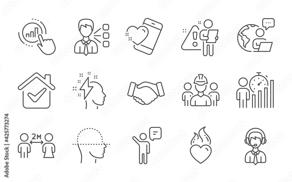 Social distancing, Third party and Business statistics line icons set. Agent, Graph chart and Face scanning signs. Heart flame, Heart and Handshake symbols. Line icons set. Vector